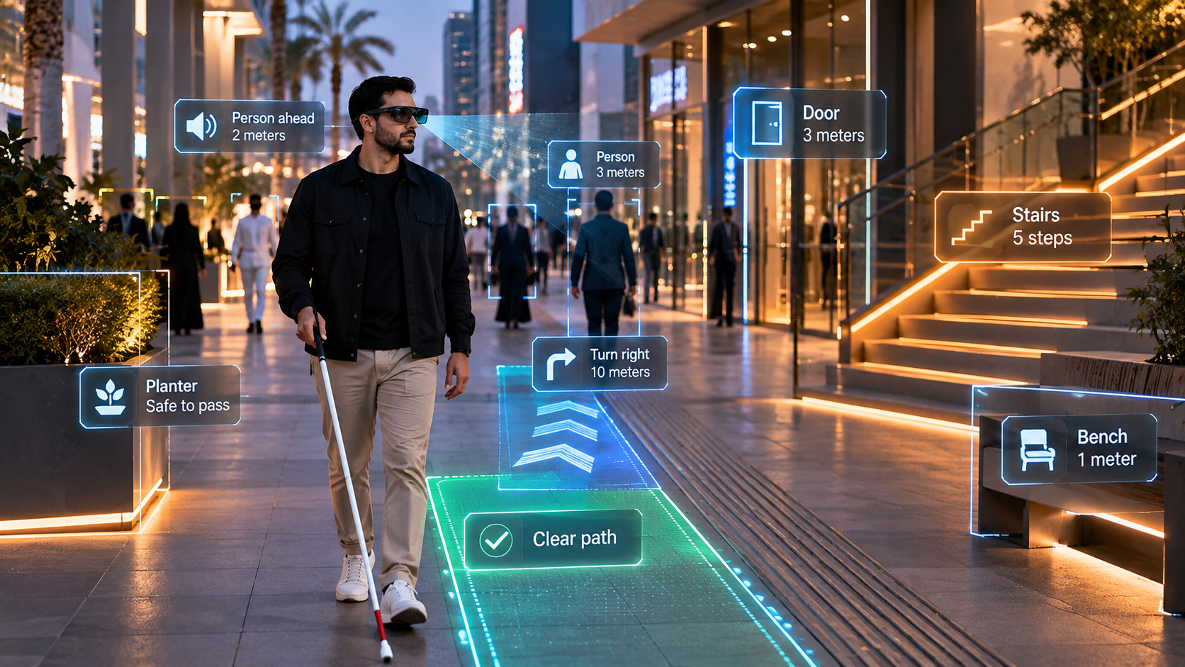 Illustrative smart-glasses navigation assistance in a public venue